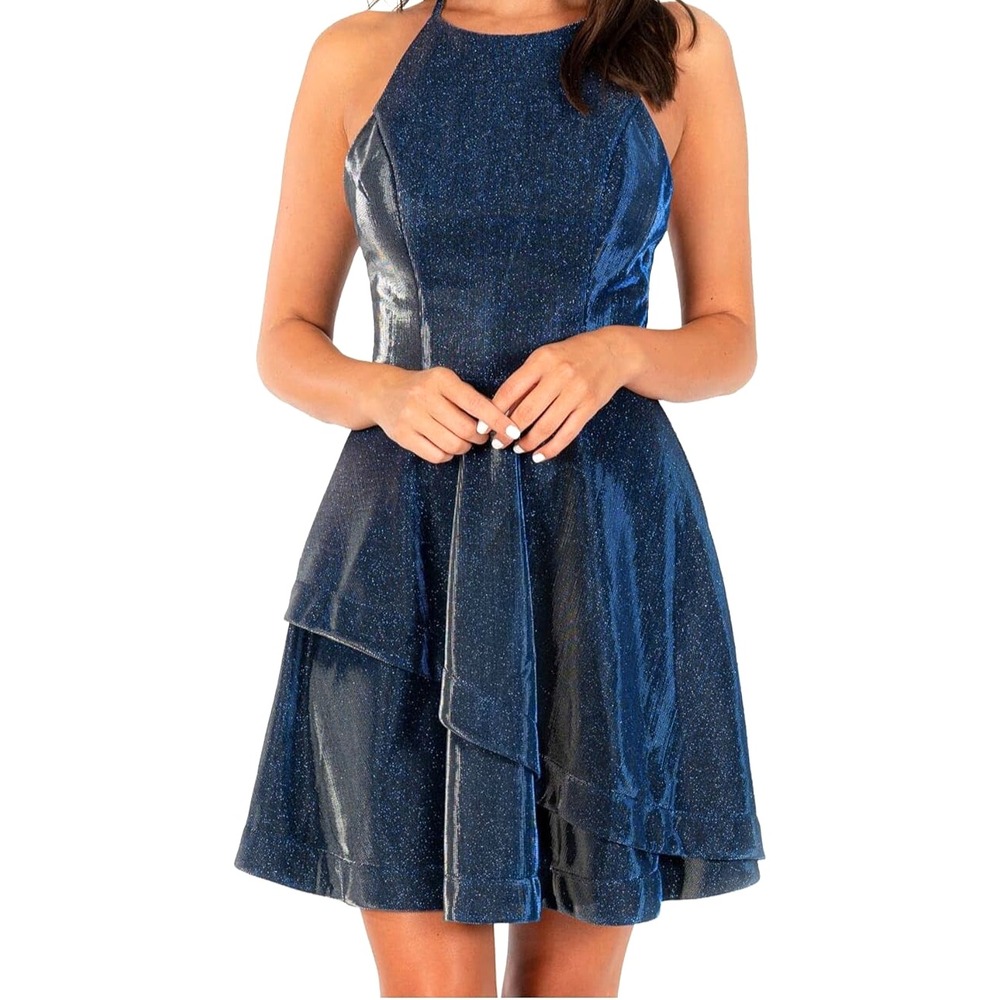 SPEECHLESS Navy METALLIC Halter Neckline FIT & FLARE Party/Homecoming DRESS Sz 1